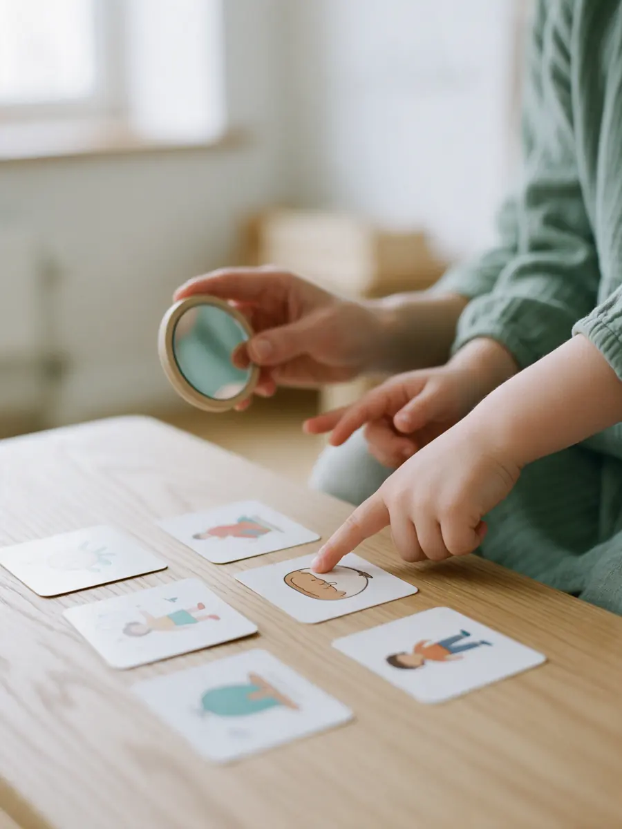 Niño señala tarjetas ilustradas en una sesión de logopedia